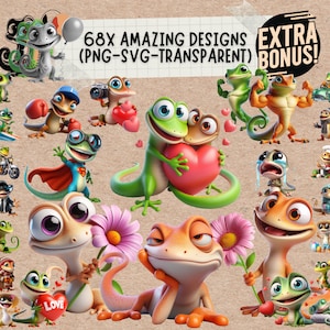 Divertido paquete de imágenes prediseñadas SVG y Png de lagarto: ¡aporta algo de humor a tus proyectos! Colección SVG de animales salvajes: ¡diseños adorables de gecko!