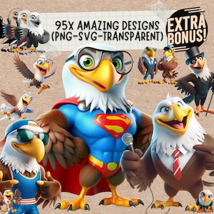 Bundle of 95 Funny Cartoon Eagle Clip Art - SVG & PNG Files Included