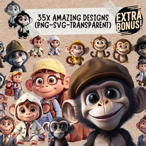 Bébé palmier singe Clipart Png Svg fichier impression, drôle mignon petit singe jungle anniversaire ou fête des cliparts