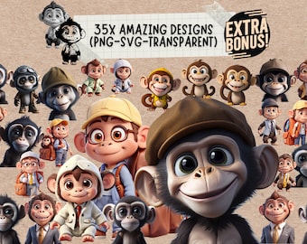 Baby Palm Tree Monkey Clipart Png Svg File Print, divertente carina piccola scimmia giungla compleanno o clipart di festa
