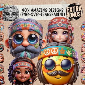 Könnte beinhalten: Set mit 40 bunten Comic-Gesichtern mit Peace-Zeichen, Blumen und psychedelischen Mustern. Die Gesichter sind in verschiedenen Stilen, darunter Hippie, Smiley und Cartoon. Die Gesichter tragen alle Stirnbänder mit bunten Mustern.