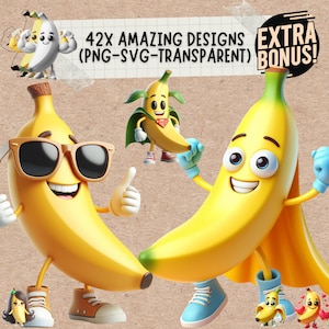 Divertido plátano pegatina primavera fruta svg & png paquete, frutas de verano plátano camisa clipart monograma svg y png diseños