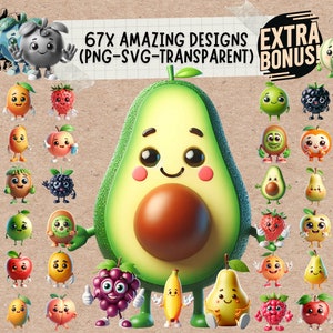 Fruit Apple Lemon Pineapple Strawberry Svg & Png Clipart Bundle, summer fruits watermelon avocado peach cherry clipart svg