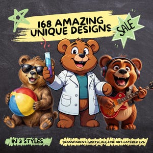168 Funny Bear Designs in JPEG, PNG, SVG and Transparent Formats – Grayscale & Line Art Styles for All Your Needs