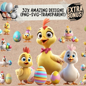 Joyeuses Pâques poulet Svg & Png Clipart Bundle Files, mes premiers enfants Pâques animaux de la ferme dessins imprimables png et svg