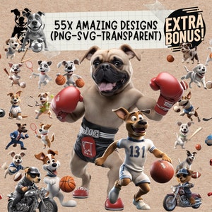 Dog Playing Sports Svg & Png Clipart Bundle Files, puppy pug dog playing sport, face mom mama dad png and svg shirt design