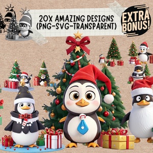 Bebé pingüino con sombrero de Papá Noel Clipart pegatina Svg & Png Bundle, primera camisa y taza de vibraciones familiares navideñas de nieve svg