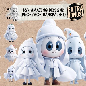 Cute Ghost Svg & Png Clipart Bundle, Christmas or Halloween Ghosts Face ...