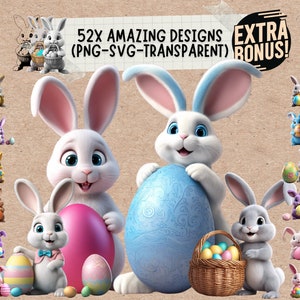 Joyeux Pâques lapin Svg & Png Clipart Bundle, année des enfants lapin de Pâques 3D monogramme imprimable fichiers clipart svg