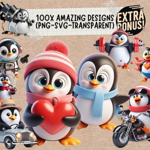 Set de regalo de pingüino SVG, Clip Art de animal bebé, Diseños de pareja, Monogramas sepia, Descarga digital