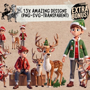 Christmas Deer & Boy Hunting Shirt Svg Clipart paquete, escena de cara de reno de invierno svg y vector
