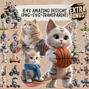 Crazy Cat Playing Sports Svg & Png Clipart Sticker Bundle, funny cat portrait shirts hoodie clothes and tumbler svg png designs
