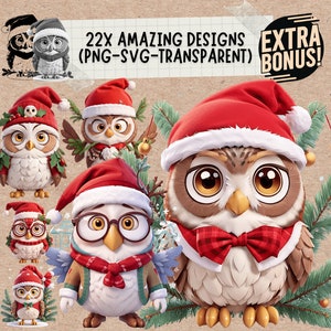 Kerstuil Svg & Png Clipart Decor Ornament Bundel, gratis extra uil post kerst aquarel uil svg en png voor sublimatie tuimelaar