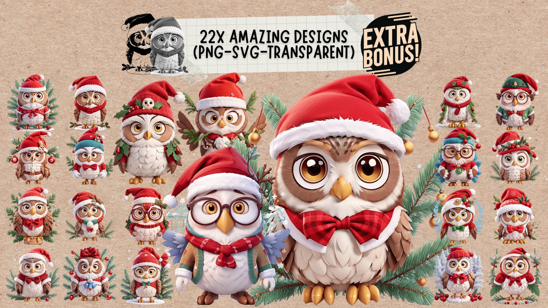 Christmas Owl Svg & Png Clipart Decor Ornament Bundle, Free Extra Owl ...