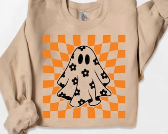 Trui met geruite Daisy Ghost, Sweatshirt met bloemenspook, vintage Halloween-cadeau, griezelig seizoen, retro Halloween Spooky Ghost-sweater