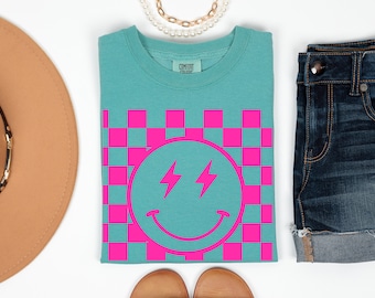 Camiseta con estampado de caritas sonrientes, camiseta de verano, camisa extragrande, colores cómodos, se muestra espuma de mar