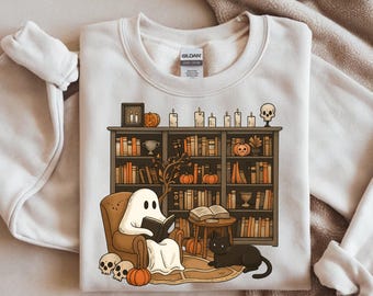 Ghost Reading Book Png, Ghost Books Halloween Png, Teacher Halloween Png, Book Lover Shirt Png, Black Cat And Book Png Halloween Library Png