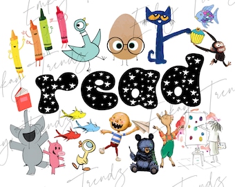 Puede incluir: Ilustración colorida con la palabra «read» con acentos de estrellas, rodeada de personajes de dibujos animados y objetos como crayones, una paloma, un huevo con gafas, un gato, peces y una magdalena. También hay un libro y otros personajes.