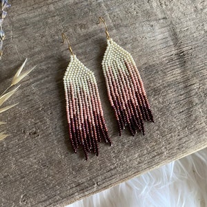 Pink Mountain Quilt Fringe Earrings | Beaded Dangle Earring | Handwoven Seed Bead Fringe Earring | Native Earring | Handmade Montana