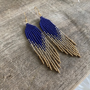 Blue & Gold Ombre Fringe Earrings | Beaded Dangle Earring | Handwoven Seed Bead Fringe Earring | Boho Dangle Earring | Handmade Montana