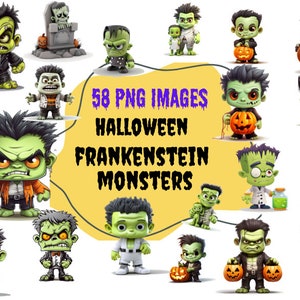 Cute Frankenstein Monster Clipart Bundle - 58 High-Res 300 DPI Images - Halloween Graphics