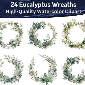 Set of 24 Watercolor Eucalyptus Wreaths Clipart, Greenery Clipart, Watercolor Floral Clipart, Botanical Clipart, Digital PNG, Commercial Use