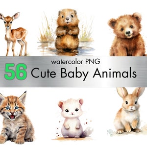 Cute Baby Animals Clipart - 56 Watercolor Images. Adorable Woodland Creatures. High-Quality PNG. Transparent Bkgd. Personal/Commercial Use
