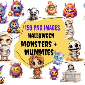 159 Cute Halloween Images - Monsters & Mummies Bundles, High-Quality Watercolor PNGs, Transparent Bkgd. Personal and Commercial Use