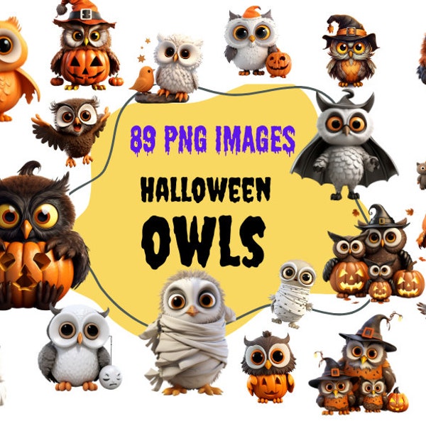 Cute Halloween Owl Clipart Bundle - 89 High-Res 300 DPI Images - Transparent Bkgd - Spooky Halloween Graphics