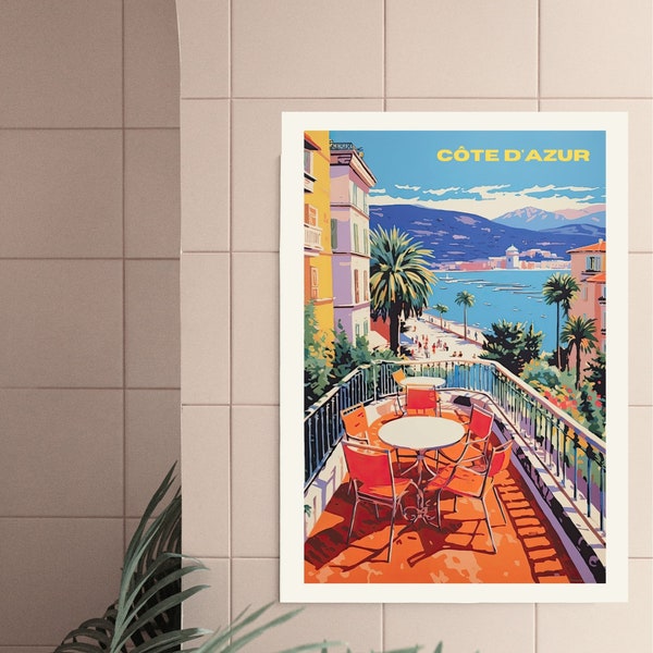 Cote D'Azur French Riviera Art Print | Bright Retro Summer Poster | Gallery Wall | Digital Download | Printable Housewarming Gift | Interior