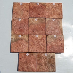 Op de afbeelding: Een verzameling van elf vierkante houten blokken met een roodbruin wortelhoutnerfpatroon. Elk blok is genummerd van 1 tot 11 in witte cirkels. De houtnerf heeft wervelende patronen en kleurvariaties.