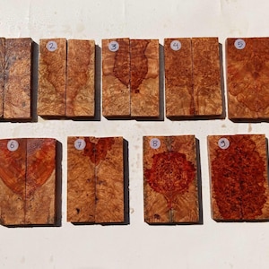 Cabo de faca em madeira de Amboyna Burl figurada: bloco para torneamento não estabilizado (150 mm x 50 mm x 10 mm)