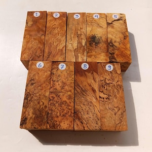 Peut inclure: Neuf blocs de bois rectangulaires avec des motifs de grain et des couleurs variés, numérotés de 1 à 9. Les tons de bois vont du beige clair au brun foncé, avec des nœuds et des tourbillons visibles. Les blocs sont disposés en deux rangées.