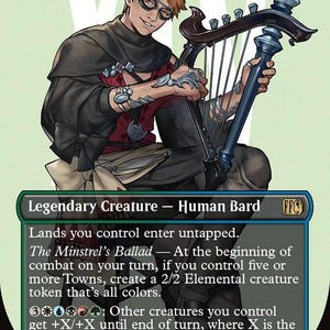May include: A trading card featuring "The Wandering Minstrel," a Human Bard. The illustration depicts a person with auburn hair and glasses playing a harp. The card has a green and blue color scheme with text describing the card's abilities.