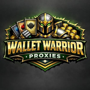 May include: A digital illustration of a knight in gold and silver armor holding playing cards. The logo reads "WALLET WARRIOR PROXIES" in gold lettering on a green and gold crest, with a dark gray background.