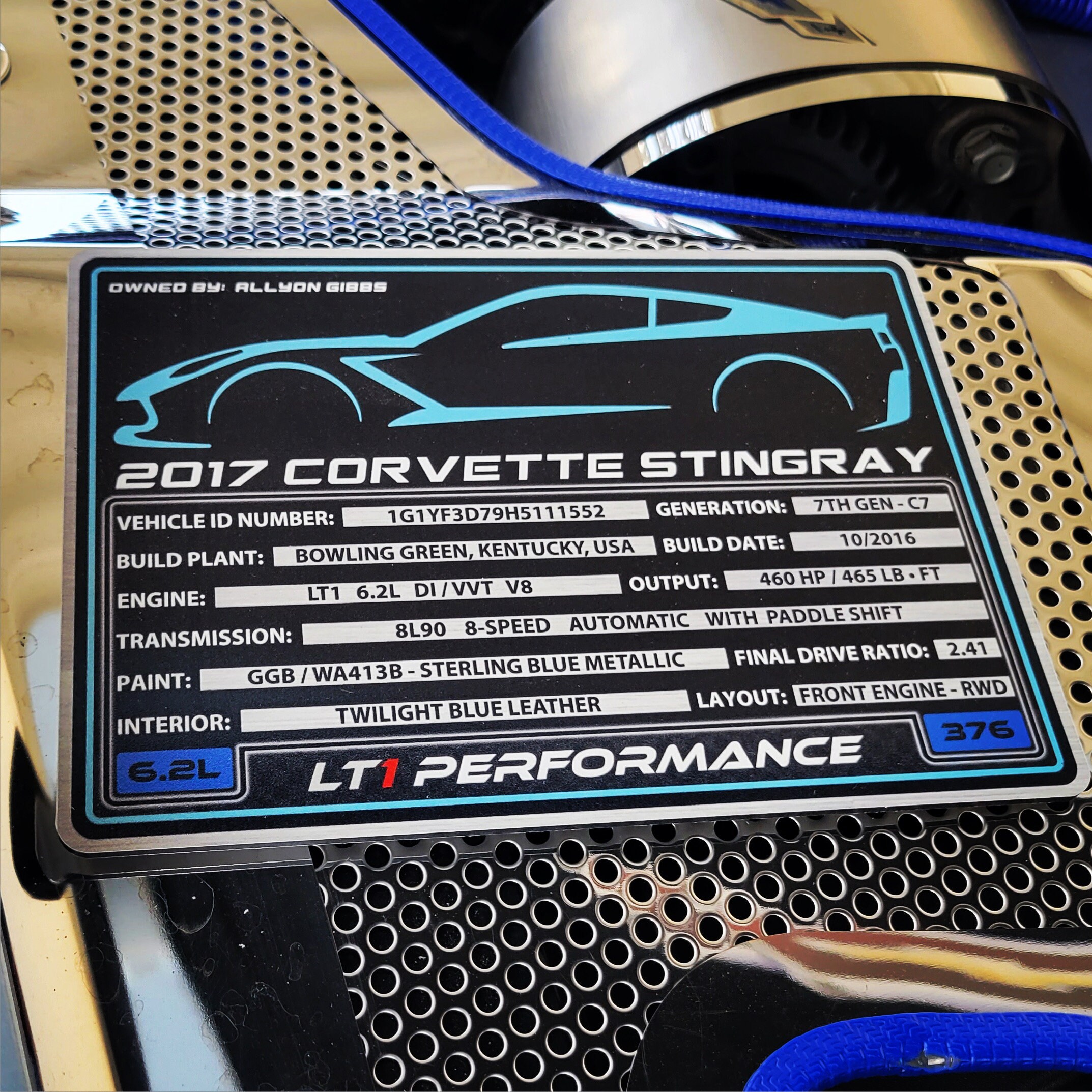 C7 Corvette Custom Aluminum Engine Bay Dress up Plaque Car Show 2014