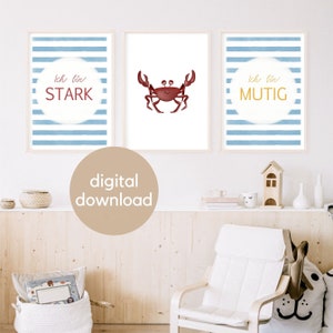 Conjunto de 3 carteles habitación infantil descarga digital instantánea imprimible Soy fuerte Soy valiente cangrejo afirmación imagen positiva regalo niños