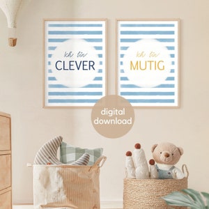 Conjunto de 2 carteles para guardería Cotizaciones positivas Descarga digital Imprimible instantáneo Soy inteligente Soy valiente Afirmación de póster para niños