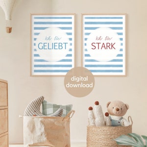 Conjunto de 2 póster de afirmación habitación infantil, descarga digital lista para imprimir Soy amado Soy fuerte cuadro positivo habitación infantil marítima