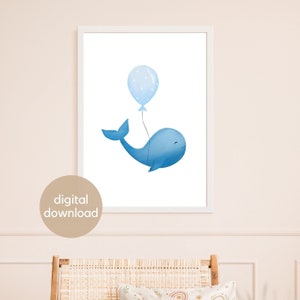Póster para habitación infantil descarga digital ballena para imprimir inmediatamente con globo diseño minimalista regalo A4 A5 21 x 30 cm 30 x 40 cm y más