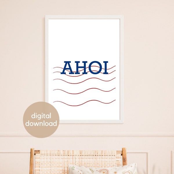 Children's room poster AHOI, minimalist and neutral children's room picture, instant download, gift for a birthday or baptism and birth