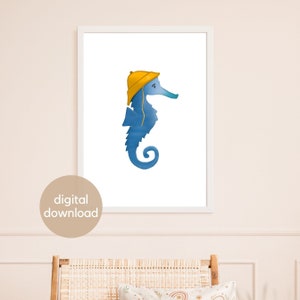 Afiche para habitación de bebé, caballito de mar con gorro, descarga digital, formatos A4, A3 y más, animales submarinos, regalo para nacimiento o bautizo