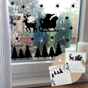 Immagine della finestra modello di Babbo Natale Modello di decorazione della finestra di Natale immagine da colorare bambini paesaggio invernale Silhouette con la slitta di Babbo Natale