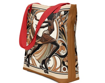 Puede incluir: Una bolsa de tela marrón y beige con una correa roja. La bolsa presenta una ilustración colorida de una mujer patinando sobre ruedas con un diseño floral.