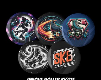 Puede incluir: Cinco botones redondos coloridos con temática de patines con diferentes diseños. Un botón presenta una silueta de una persona patinando en un fondo de galaxia. Otro botón presenta un patín con un fondo de galaxia. Otro botón presenta un patín con un fondo rojo, blanco y azul. Otro botón presenta un patín con un fondo blanco. El último botón presenta la palabra "SK8" en letras naranjas sobre un fondo negro.