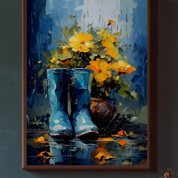 Rain Boots Wall Art, Printable Art, Yellow flowers Oil Painting, Autumn Scenery, Fall rain scene, Autumn decor, Original Floral art, Puddle