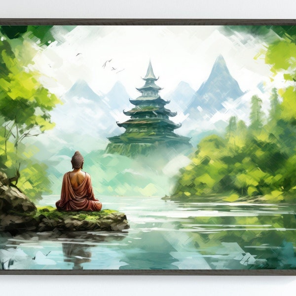 Aquarelle de Bouddha, impression numérique, art mural paysage bouddhiste, oeuvre d'art de décoration de spa, art mural zen vert, peinture de Bouddha, paysage paisible