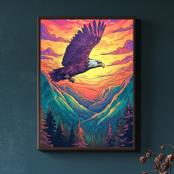 Eagle Wall Art, Digital Print, Bald Eagle painting, Eagle png, Soaring Eagle poster, Colorful Mountains Wall Art, Wild and free, Boho Art