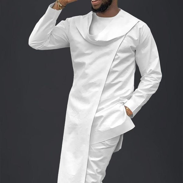 Tenue pour hommes africains blancs, pantalon assorti chemise, costume de garçons d’honneur invités de mariage, mode masculine, broderie Buba Sokoto