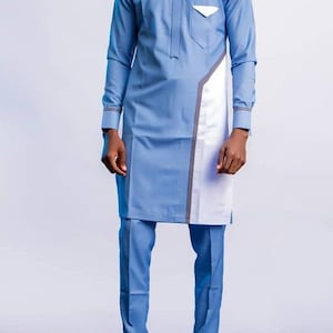 Hemelsblauwe Afrikaanse herenoutfit, shirt bijpassende broek, kostuum bruiloftsgast bruidegom, herenkleding mode, borduurwerk Buba Sokoto